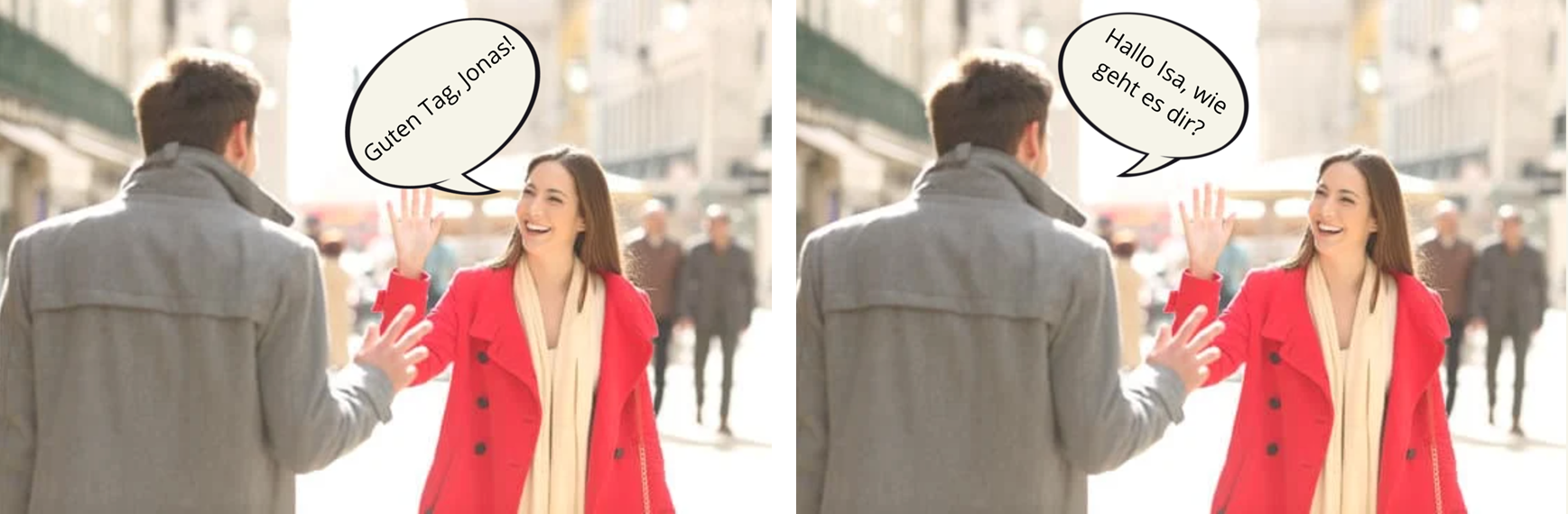 Afbeelding 1: Jonas en Isa begroeten elkaar informeel. 