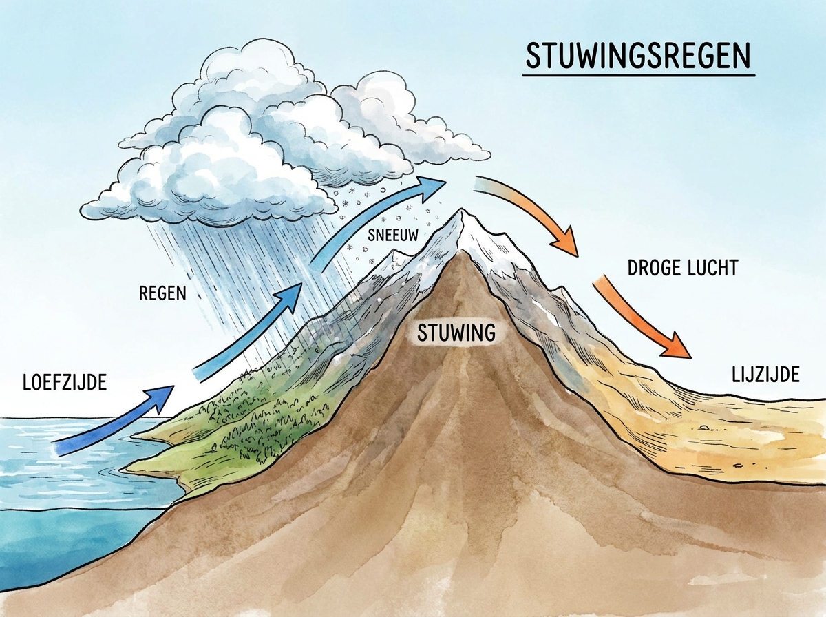 Een schematische tekening van een berg waar vochtige lucht vanaf de loefzijde opstijgt, wolken vormt en neerslag veroorzaakt, waarna de droge lucht afdaalt aan de lijzijde.