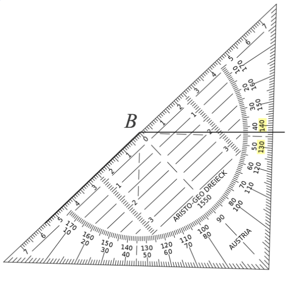 Hoek B gemeten door een geodriehoek