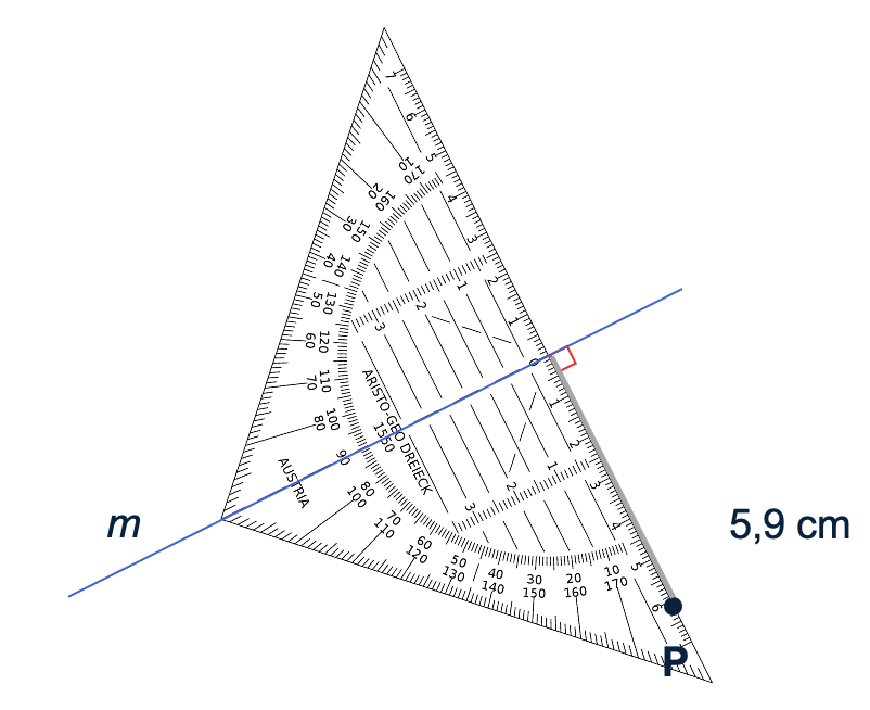 Een geodriehoek op een lijn en een punt met een afstand van 5,9 cm