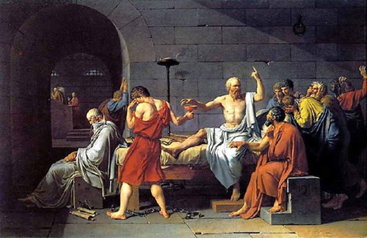 Socrates wordt gedwongen om een gifbeker leeg te drinken