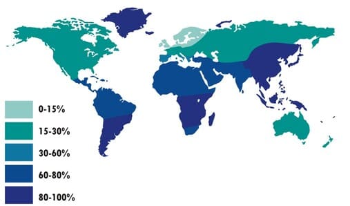 Afbeelding die weergeeft hoeveel procent van de wereldbevolking leidt aan lactose-intolerantie.